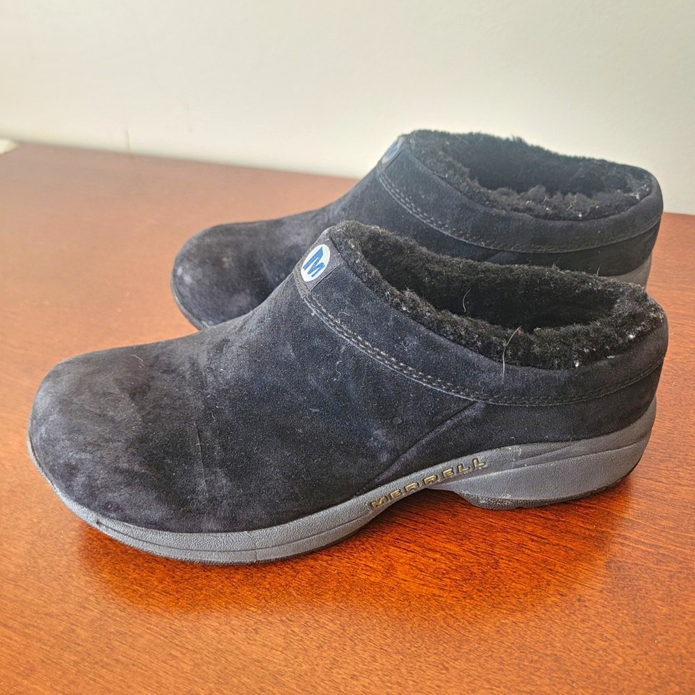 Merrell Women's Black Primo Chill Suede Clog Faux Fur Lined Rubber Sole US 10